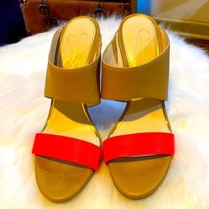 Jessica Simpson brown mules with a neon pink strap